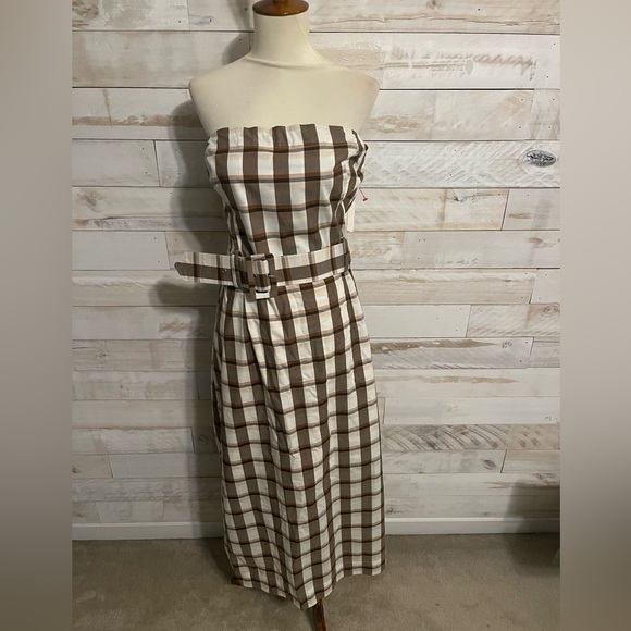 NWT Anthropologie size XL Strapless Brown & White Gingham Belted Midi Dress - Picture 4 of 12